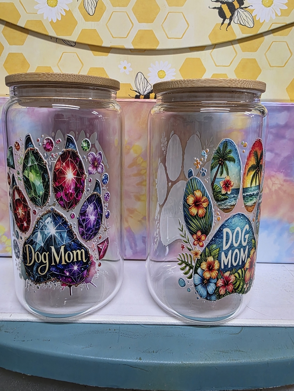 (2) Hand Crafted Dog Mom Glass Tumblers